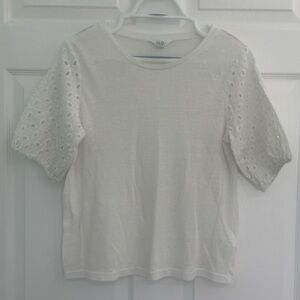 Nicole Miller Cream Short Eyelet Puff Sleeve Linen Women's Tee Shirt Blouse Top
